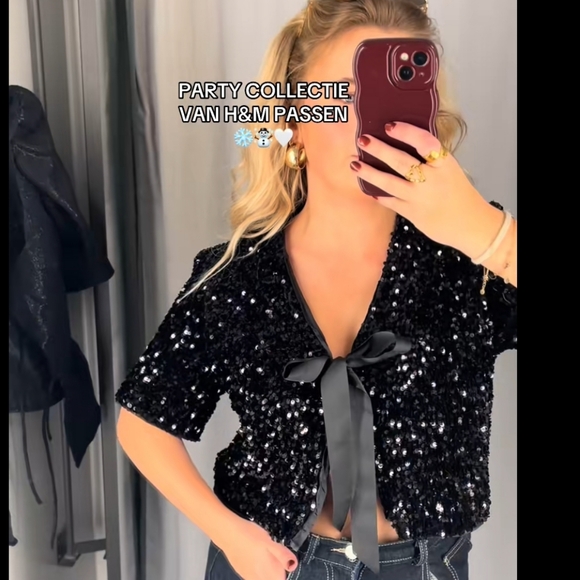 H&M Viral Black Sequin Ribbon Bow Cardigan Blouse Size S M L NWT - Picture 11 of 13